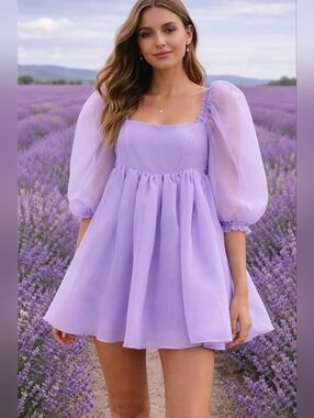 Babydoll Purple Puff Sleeve Mini Dress